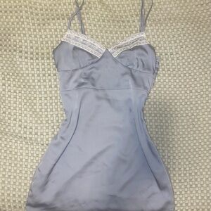 Y2K Le Lis Baby Blue Satin Slip Dress – Lace Trim Mini, Coquette